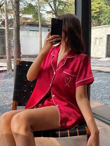 SHEIN Contrast Color Trim Short Sleeve Top And Shorts Pajama Set - Burgundy - View 5