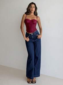 Aloruh 女士时尚红色撞色蕾丝吊带束身衣，夏季 - 酒紅色 - 查看 5