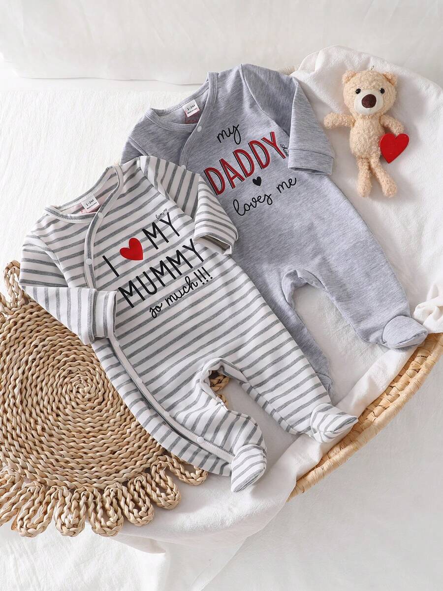 2pcs Newborn Solid Color & Striped Romper - Multicolor - View 1
