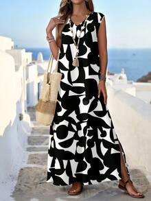 EMERY ROSE Women's Casual Geometric V-Neck Dress, Suitable For Spring/Summer - Multicolor - View 1