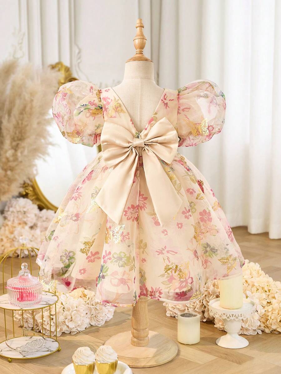 Đầm công chúa thanh lịch dễ thương cho bé gái, tay ngắn, phối lưới, thích hợp dự tiệc. - Màu be - Xem 1