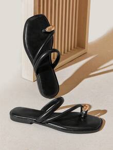 SHUZIA #SummerEssential Women's Square Toe Minimalist Rolled-Edge Pu Black Gold-Accent Ring Toe Flip-Flop Sandals – Chic, & Comfortable - Black - View 9