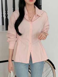 DAZY Women's Turndown Collar Side Drawstring Tie Casual Urban Shirt - Pink - View 2