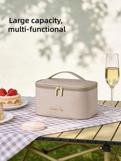 1 Peça Bolsa de Maquiagem Feminina Reutilizável de Grande Capacidade, Resistente e À Prova d'Água em PU, com Compartimentos, Bolsa para Pincéis de Maquiagem, Bolsa para Cuidados com a Pele, Bolsa de Toalete, Nécessaire Cáqui para Banheiro, Sala de Estar, Quarto, Viagem, Cruzeiro, Casamento, Dama de Honra, Mãe, Amigos, Professores, Aniversário, Natal, Armazenamento de Cosméticos Essenciais