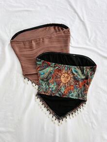 Soleia 两件装女士时尚不对称下摆流苏装饰抹胸上衣，适合约会和派对等场合。 - 彩色 - 查看 2