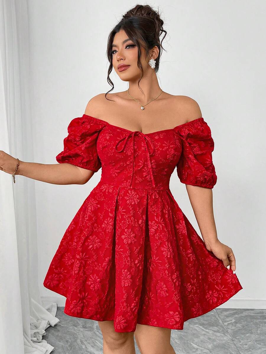 Elenzga Robe courte grande taille pour femme, tissu rouge à imprimé 3D, taille cintrée, mini-jupe plissée, élégante et à la mode, idéale pour une sortie romantique en journée, une soirée entre copines ou un thé l'après-midi. Robe courte épaules dénudées polyvalente. - Rouge - Voir 1