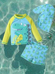 SHEIN 3pcs/Set Baby Boy/Girl Casual Summer Vacation Coconut Tree & Dinosaur Print Long Sleeve Shorts With Sunhat Swimwear, Suitable For Spring/Summer Wear, Home, Outing, Travel, Beach, Pool, Party - Green - View 7