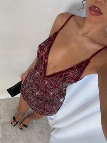 Glamine 性感亮片装饰迷你连衣裙，适合派对、夜店和外出游玩。 - 酒紅色 - 查看 1