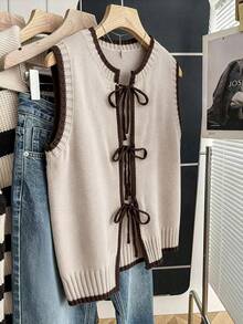 GlowEve CURVE Early Spring New Loose Casual Colorblock Bow Tie Strap Women Knit Cardigan Vest - Multicolor - View 7