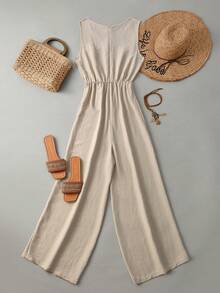 Breezaya 女士休闲纯色无袖连体裤，适合度假 - 卡其色 - 查看 2