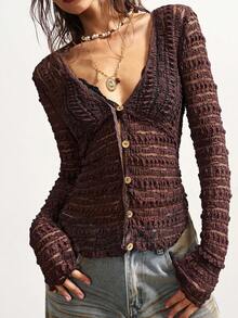 Bohemela Áo thun nữ tay dài cổ chữ V màu nâu trơn, chất liệu dệt kim có họa tiết, kiểu dáng thường ngày, thích hợp cho ngày Valentine, mùa hè, xuân, ngày lễ tình nhân. - Màu xanh lam - Xem 6