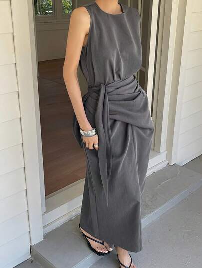 DAZY Đầm nữ màu trơn cổ tròn thắt eo kiểu Pháp thời trang, thích hợp cho hẹn hò hoặc đi nghỉ mát.