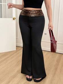 SHEIN EZwear Quần ống loe phối họa tiết da báo dáng rộng, cỡ lớn. - màu đen - Xem 3