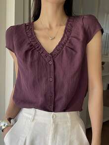 DAZY Blusa casual de verano con cuello en V, manga corta y botones delanteros, de unicolor simple para uso diario y trayectos - Morado - Ver 7