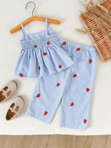 Cozy Pixies 2pcs Baby Girl Strawberry Print Camisole Top And Elastic Waist Pants Set - Blue - View 2