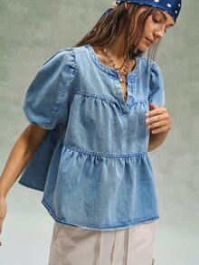 Bohemela Casual Solid Color Woven Loose Fit Short Sleeve Women Shirt