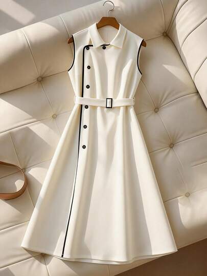 GlowEve CURVE 大码女装春夏新款衬衫领撞色滚边不对称下摆系带连衣裙，撞色纽扣装饰简约通勤风连衣裙