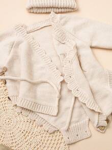 Knitted "Hello World"Embroidery Newborn Baby Romper With Matching Pom Hat Baby Announcement Bodysuit Infant Photography Props Beige Baby Coming Home Outfit Baby Boy Baby Girl Newborn Photography Outfits Boys Newborn Photoshoot Outfit Newborn Costume Hello World Newborn Outfit Newborn Knit Outfit - Apricot - View 5