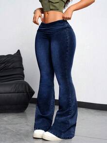 Rivivi 女士休闲时尚喇叭褶皱腰部牛仔裤 - 藍色 - 查看 7