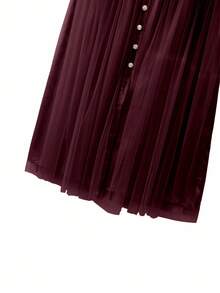 GlowEve CURVE 大码女式优雅网纱拼接纽扣装饰休闲通勤半身裙，秋季女装，俱乐部派对优雅长裙 - 酒紅色 - 查看 4