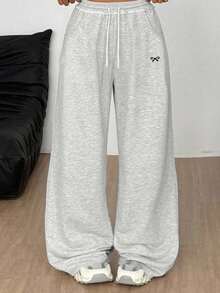 SHEIN 少女宽松休闲舒适蝴蝶结印花中腰撞色抽绳运动裤，浅灰色 - 淺灰色 - 查看 3