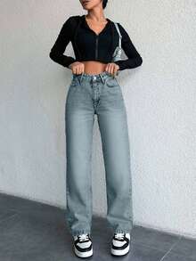 EURMUSE 女式休闲高腰直筒破洞牛仔裤 - 霧霾藍 - 查看 3