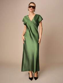 Maija Đầm midi tay ngắn cổ chữ V màu xanh lá cây dành cho nữ - Màu xanh lá cây đậm - Xem 4