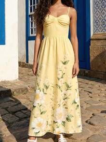 CAJUNI Đầm đi nghỉ mát không tay in hoa, kiểu dáng thường ngày. - Màu vàng - Xem 4