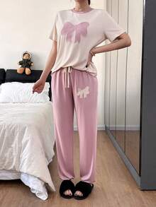 SHEIN Napfluff Women's Casual Textured Bow Embroidery Round Neck Short Sleeve Apricot Top And Pink Drawstring Pants Pajama Set, Made Of Soft Knit Fabric - Multicolor - View 3