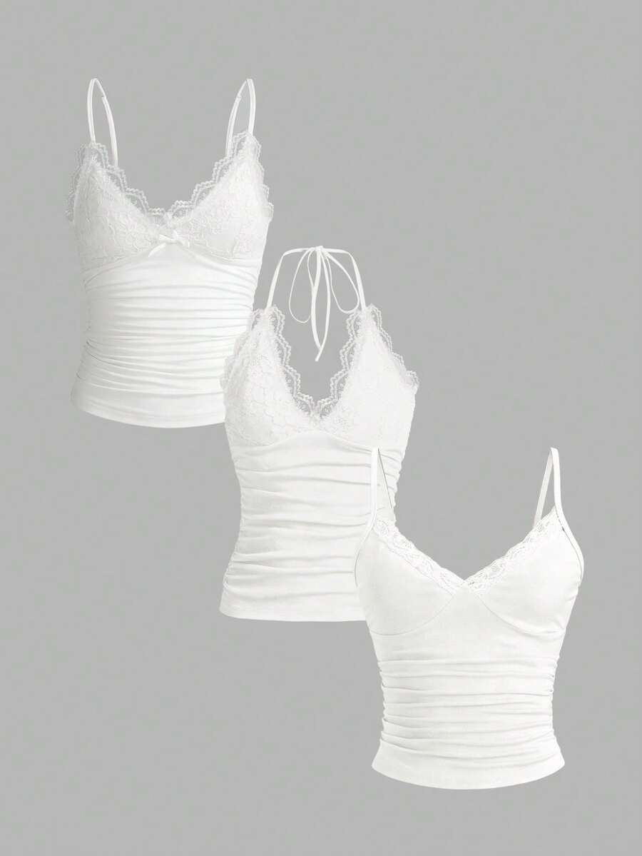 INAWLY 2pcs Women Solid Color Lace Ruffle Camisole And 1pc Spaghetti Strap Camisole - White - View 1