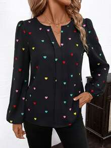 SHEIN Clasi Women's Notched Neck Heart Print Loose Long Sleeve Blouse, Elegant For Daily Wear, Commute, Date, Valentine's Day, Autumn/Winter & Early Spring Summer Tops Valentine's Day Heart-Shaped Print - Multicolor - View 6