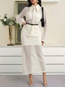 Modelyn Women's Casual Pointelle Knit Long Sleeve Shirt And Skirt 2-Piece Set, Solid Color, Suitable For Daily, Commute, Vacation, Spring/Summer/Autumn (Belt Not Included) - Apricot - View 2