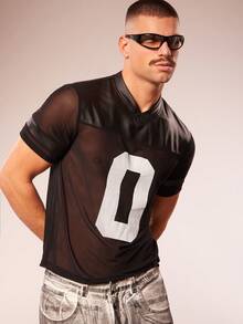 FeverCity Sexy Mesh Sheer V-Neck Faux Leather Crop Top, See-Through Short Sleeve T-Shirt - Black - View 3