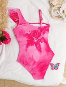 SHEIN Tween Girl Tropical Floral Print Ruffle Hem Asymmetric Dress