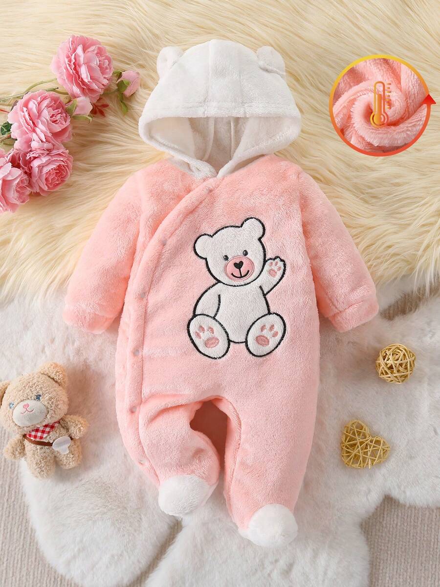 婴幼儿男童可爱小熊印花休闲长袖连帽连体衣 - 淺粉色 - 查看 1