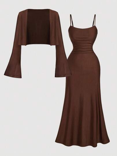 SHEIN MOD 2st/set Plus Size Damkaffe Brun kofta och mellanlång klänning