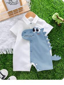 SHEIN Baby Boys & Girls Cartoon Dinosaur Pattern Turndown Collar Short Sleeve Romper Shorts Set, Casual Versatile - Multicolor - View 9