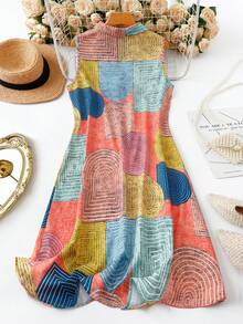 Linhara Women's Large-Sized, Simple, Sleeveless Summer Striped Floral Print Shirt-Style Dress. - Multicolor - View 2