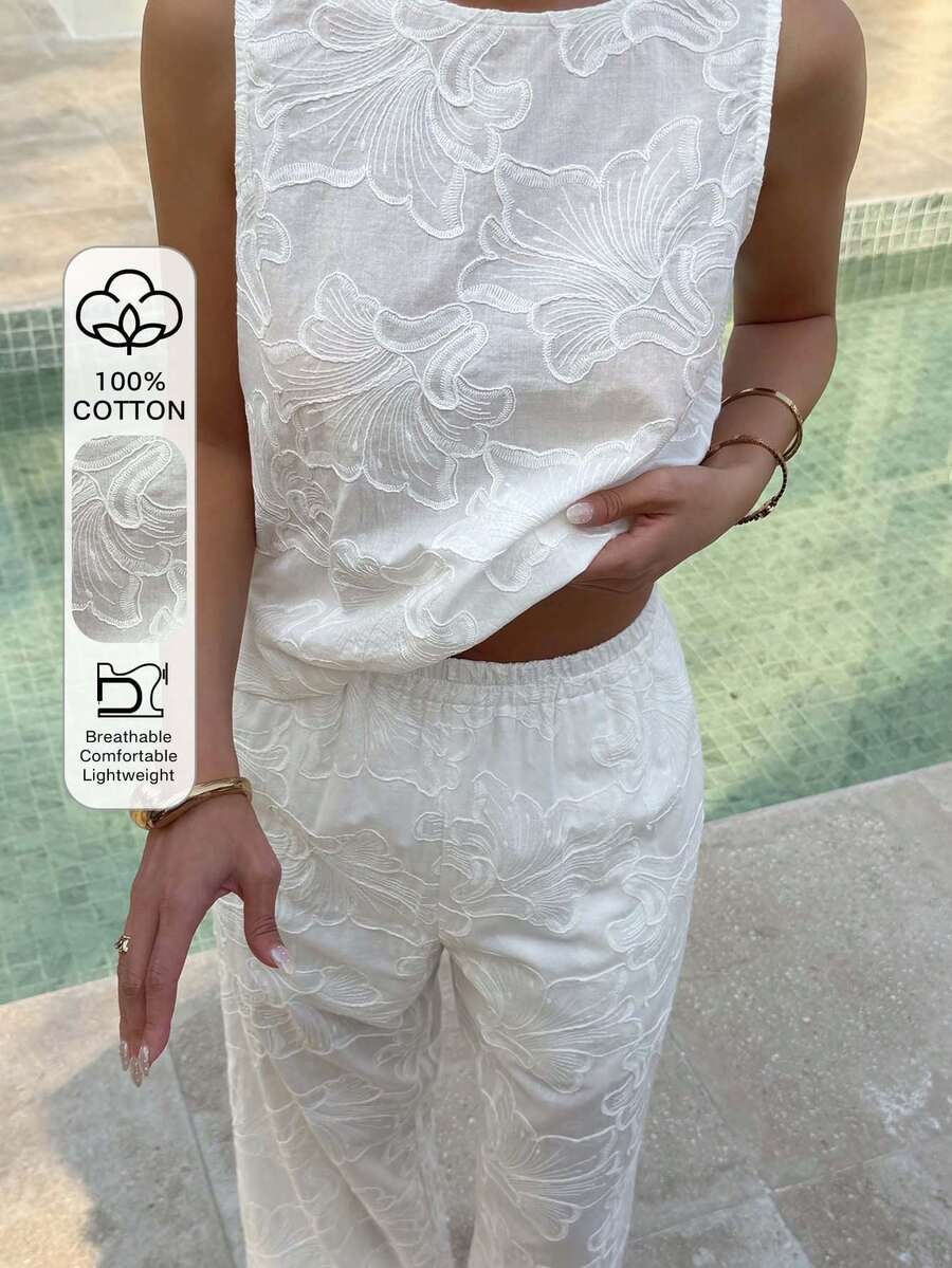 Livesso 2 st set med texturerad ärmlös topp och casualbyxor för kvinnor, bohemiska loungeset för kvinnor, semesterkläder för kvinnor - Vitt - Visa 1