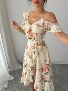 SHEIN PETITE 女士优雅印花荷叶边连衣裙 - 鵝黃色 - 查看 3