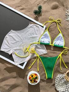 Swim Vcay 2026 New Spring/Summer 3 PiecesWomen Green Triangle Bikini Set, Mesh Printed Top, Elegant & Sexy Swimwear For Beach Vacation - Green - View 2