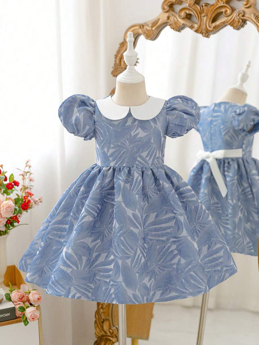 SHEIN Glamorique Kids 女童碎花腰部泡泡袖薄纱优雅派对连衣裙,适合所有季节 - 藍色 - 查看 1
