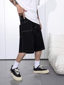 Manfinity Hypemode Stylish Black Washed Wide Leg Denim Bermuda Shorts - Black - View 4