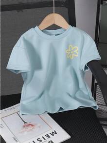 Genkimix Kids 女童宽松圆领短袖上衣，浅蓝色底黄色碎花图案，舒适可爱，适合夏季日常玩耍、花园漫步、家庭野餐等场合，甜美碎花蓝色短袖T恤 - 藍色 - 查看 1