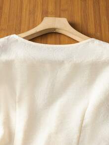 Franclia Elegant Round Neck, Casual And Versatile, Irregularly Tied Hem, Apricot Short-Sleeved Women's Blouse, Summer Top, Women's Beach Wear, Women's Holiday Wear, Women's Casual Top, Apricot Top.Fashionable Casual Commuter Wear, Business Office Wear, Versatile And Stylish Everyday Casual Wear, Urban Teacher's Professional Attire - Apricot - View 6