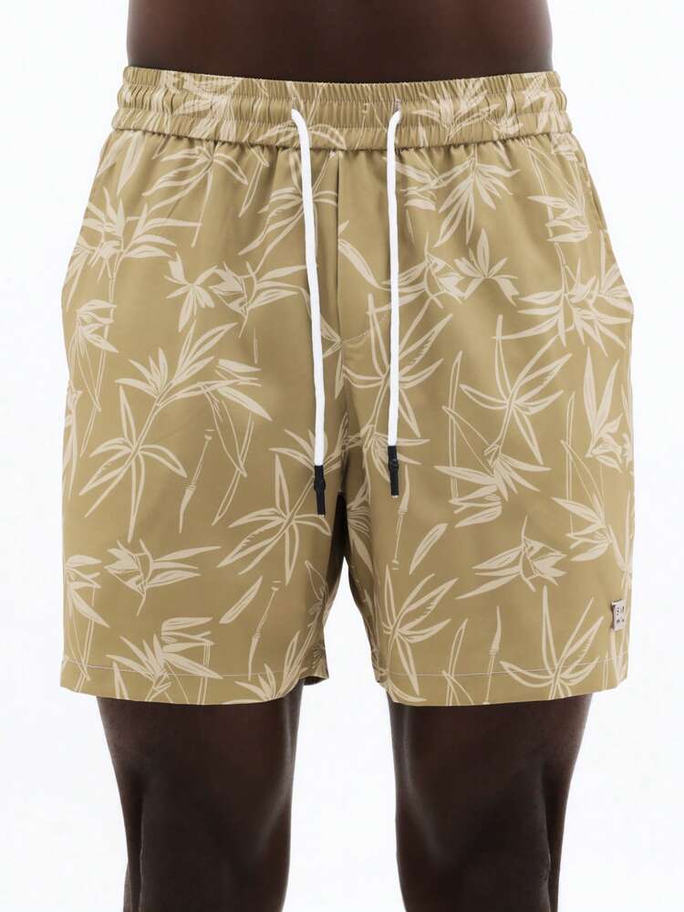 Bamboo Print Beach Shorts With Drawstring