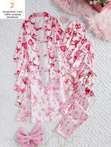 SHEIN 5件套甜美风女童缎面睡衣，多种印花图案可选。光滑闪亮的面料带来奢华优雅的触感。长袖翻领开衫搭配长裤，舒适居家服。随机两件套组合发货。 - 彩色 - 查看 5