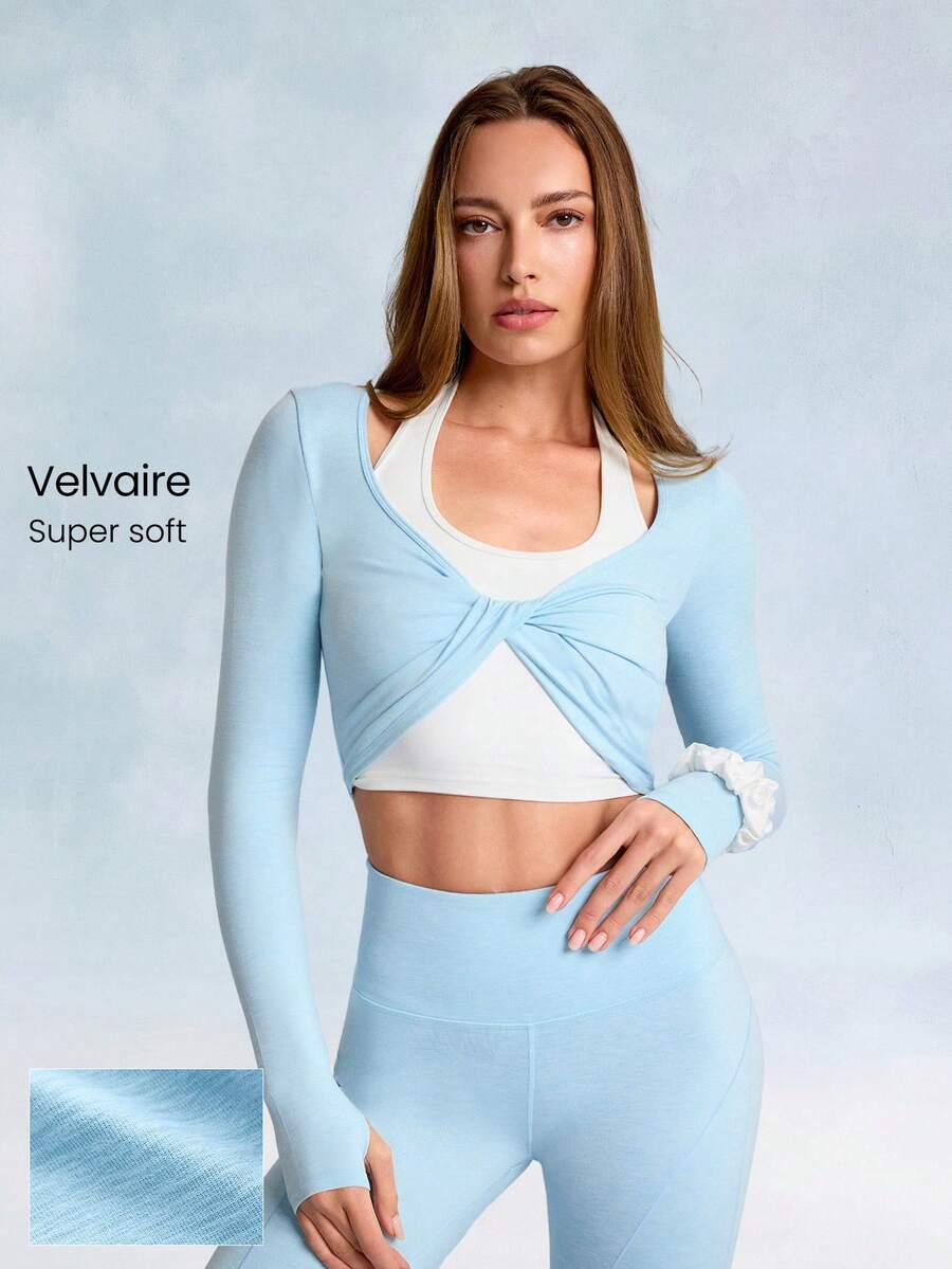 GLOWMODE Softy Velvaire Weekend Flow Super Soft Stretchy 2-Piece Twisted Front Waist Length Layered Thumbholes Yoga Top Studio Daily Casual Wear Valentine's Day - Blue Day - View 1