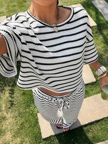 Muchica Women's Summer New Textured Striped Loose Short Sleeve T-Shirt And Pants Set - Apricot - View 6