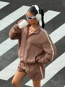 Muchica Conjunto de 2 piezas de chaqueta con cremallera y pantalones cortos casuales y sueltos para deportes al aire libre para mujer, primavera/verano - Marrón - Ver 4